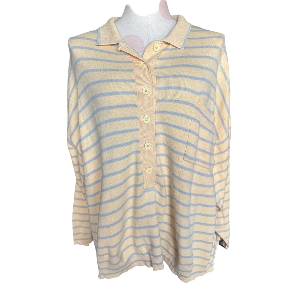 Vintage 90s Stripe Polo Sweater Top Yellow Blue - Small - Picture 9 of 9